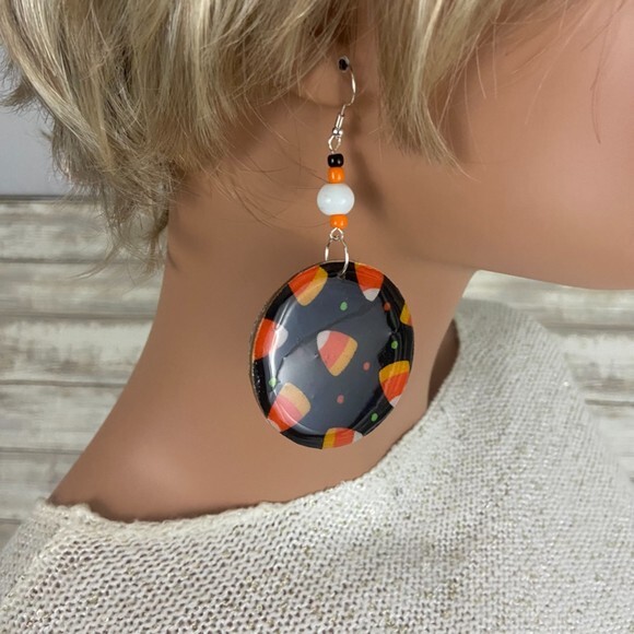 Candy Corn Black Orange Round 2” Dangle White Beaded French Wire Silver - Picture 2 of 8